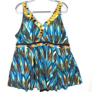 Septangle Swim Dress 24W Plus Blue Tribal Print Vacation Style, Coastal Swimwear